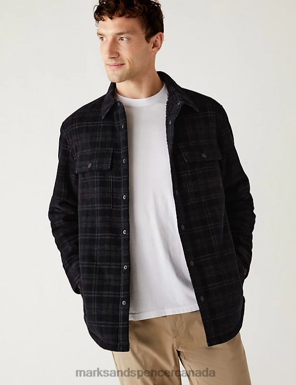 Marks and Spencer near me - Men Grey Clothing Marks & Spencer Cotton Blend Corduroy Borg Lined Check Shacket 20VTD6663