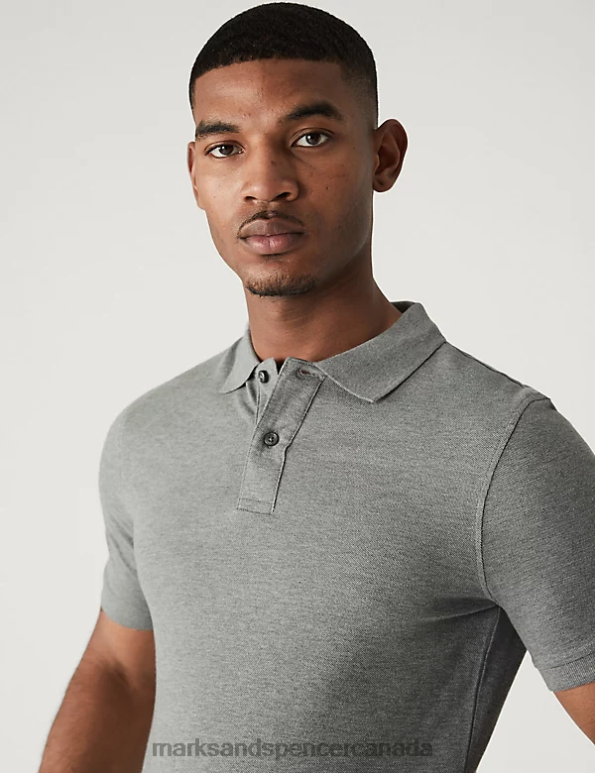 Men Grey Clothing Marks & Spencer Slim Fit Pure Cotton Pique Polo Shirt 20VTD6760 - Marks and Spencer Canada locations