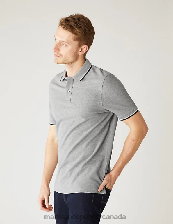 Marks and Spencer Canada - Men Grey Marl Clothing Marks & Spencer Pure Cotton Pique Tipped Polo Shirt 20VTD5058