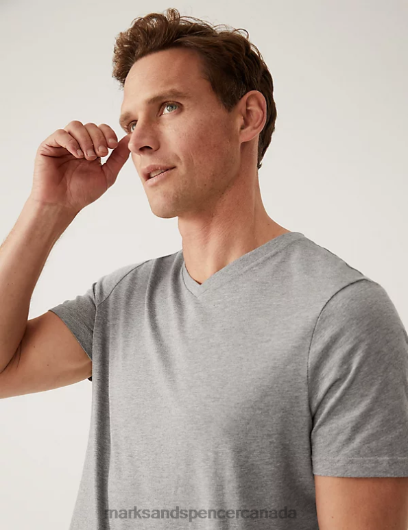 Men Grey Marl Clothing Marks & Spencer Pure Cotton V-Neck T-Shirt 20VTD4875 - Marks and Spencer outlet