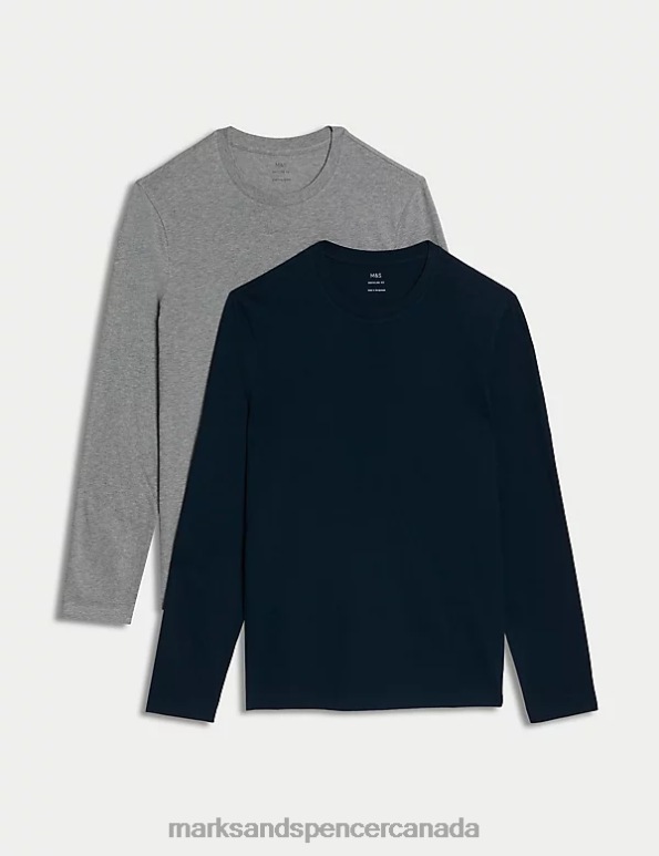 Men Grey Mix Clothing Marks & Spencer 2pk Pure Cotton Long Sleeve T-Shirts 20VTD5526 - Marks and Spencer online