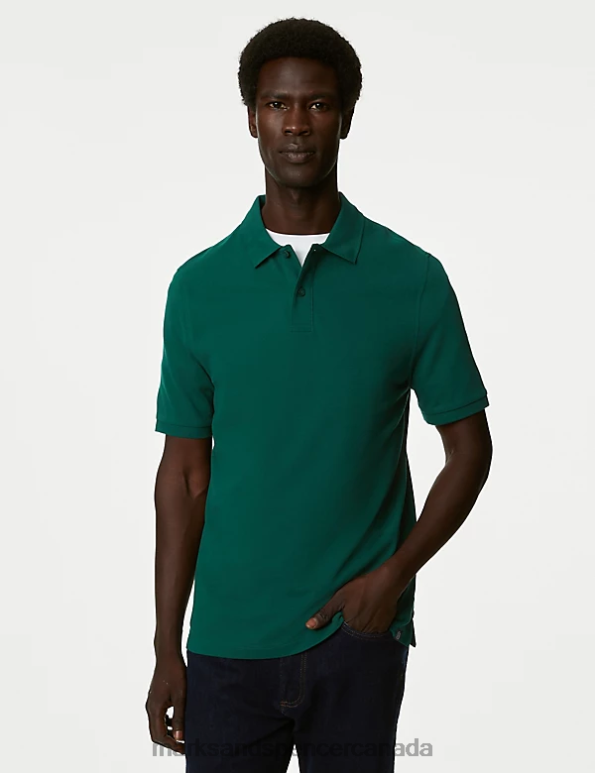 Men Hunter Green Clothing Marks & Spencer Pure Cotton Pique Polo Shirt 20VTD214 - Marks and Spencer outlet