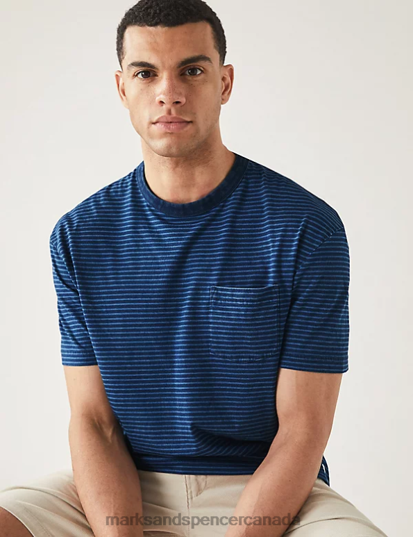 Marks and Spencer Canada - Men Indigo Mix Clothing Marks & Spencer Pure Cotton Striped T-Shirt 20VTD5474