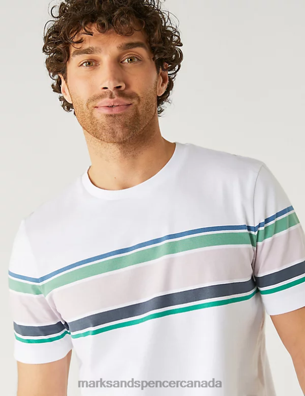 Men Ivory Clothing Marks & Spencer Pure Cotton Striped Crew Neck T-Shirt 20VTD5489 - Marks and Spencer Canada locations