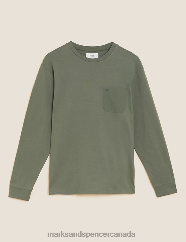 Marks and Spencer sale - Men Khaki Clothing Marks & Spencer Pure Cotton Long Sleeve T-Shirt 20VTD7100