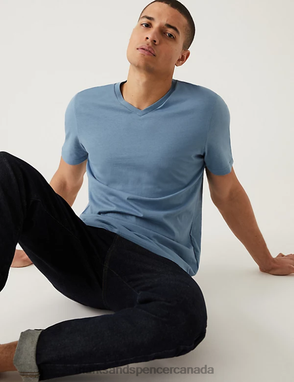 Men Light Airforce Clothing Marks & Spencer Pure Cotton V-Neck T-Shirt 20VTD5208 - Marks and Spencer Canada locations