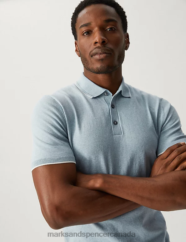 Men Light Blue Clothing Marks & Spencer Cotton Rich Short Sleeve Knitted Polo Shirt 20VTD6684 - Marks and Spencer outlet