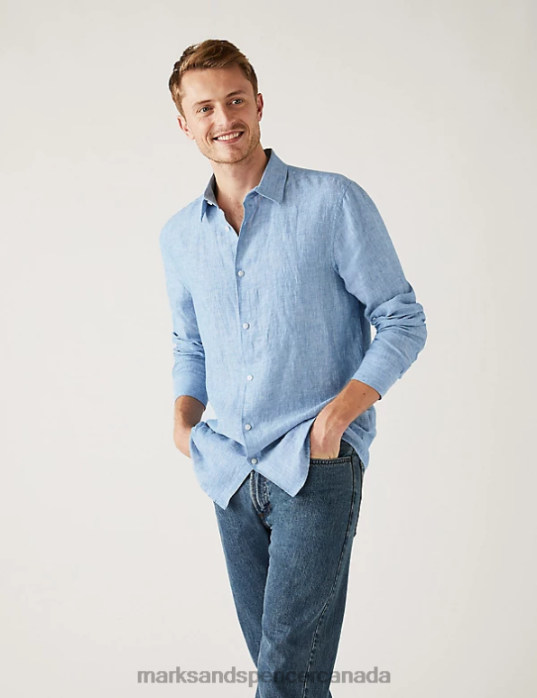 Marks and Spencer near me - Men Light Blue Clothing Marks & Spencer Longer Length Pure Linen Shirt 20VTD5353