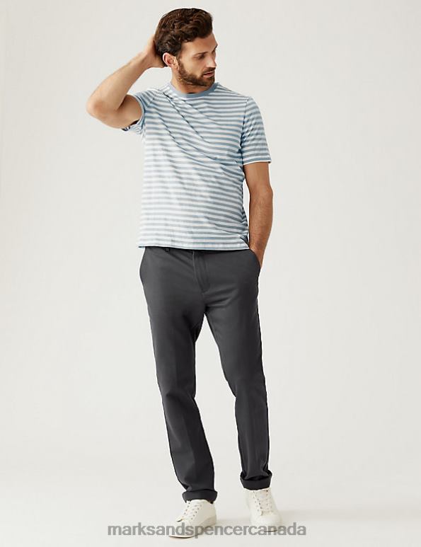 Marks and Spencer Canada - Men Light Blue Clothing Marks & Spencer Pure Cotton Striped T-Shirt 20VTD6782