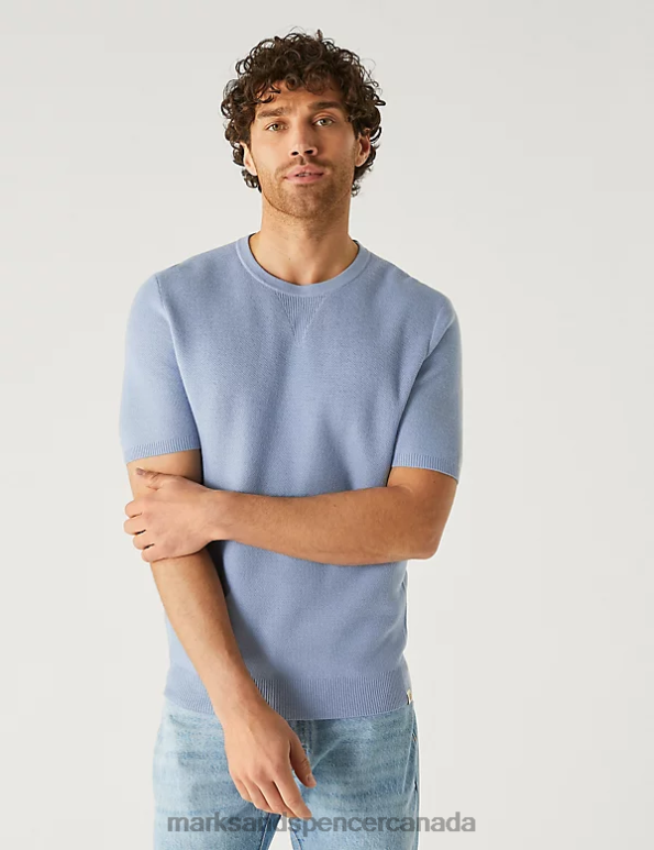 Men Light Blue Mix Clothing Marks & Spencer Wool Blend Textured Knitted T-Shirt 20VTD6854 - Marks and Spencer Canada locations