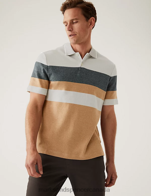 Men Light Bronze Clothing Marks & Spencer Pure Cotton Double Knit Striped Polo Shirt 20VTD5276 - Marks and Spencer Canada locations