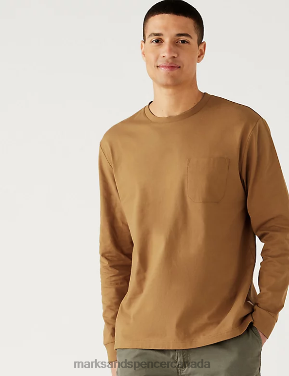 Men Light Bronze Clothing Marks & Spencer Pure Cotton Long Sleeve T-Shirt 20VTD7101 - Marks and Spencer online