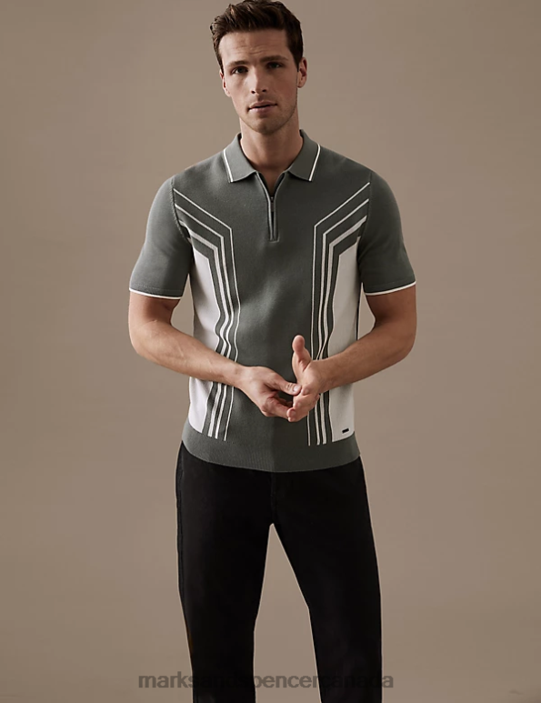 Men Light Green Mix Clothing Marks & Spencer Cotton Blend Colour Block Knitted Polo Shirt 20VTD6831 - Marks and Spencer Canada locations