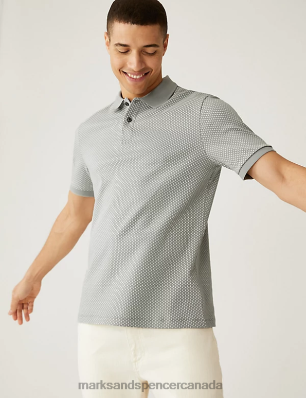 Men Light Grey Clothing Marks & Spencer Pure Cotton Geometric Print Polo Shirt 20VTD5394 - Marks and Spencer online