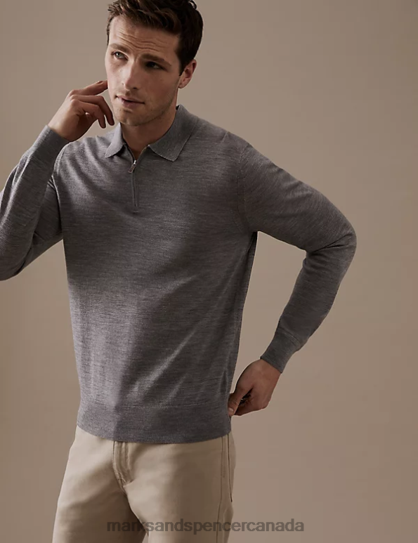 Marks and Spencer sale - Men Light Grey Clothing Marks & Spencer Pure Extra Fine Merino Wool Knitted Polo 20VTD6706