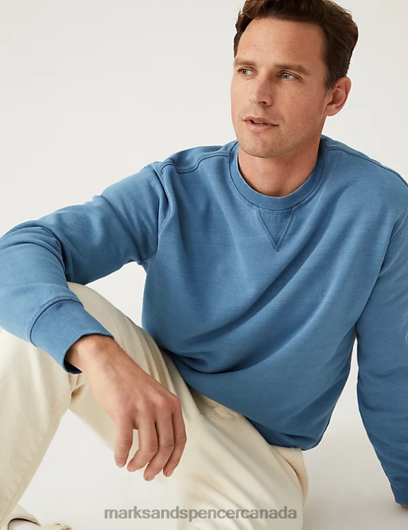 Men Light Indigo Clothing Marks & Spencer Relaxed Fit Pure Cotton Sweatshirt 20VTD5880 - Marks and Spencer Canada locations