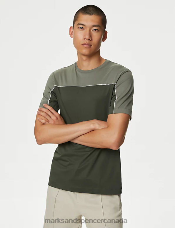 Marks and Spencer sale - Men Light Khaki Clothing Marks & Spencer Pure Supima CottonColour Block T-Shirt 20VTD5333