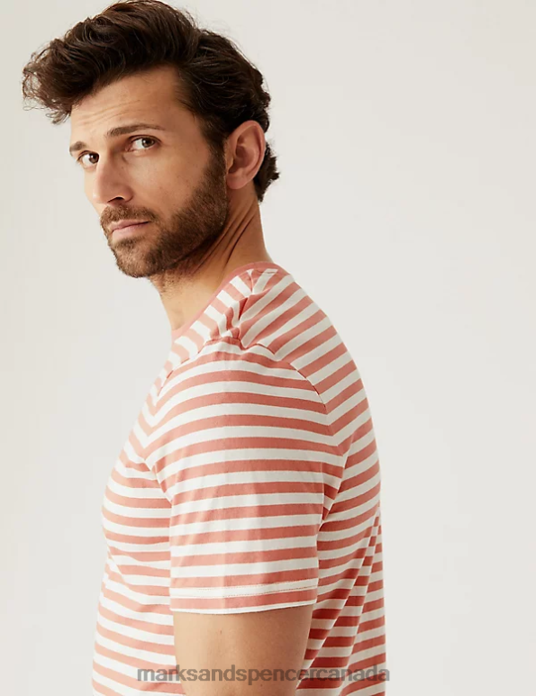 Marks and Spencer near me - Men Medium Coral Clothing Marks & Spencer Pure Cotton Striped T-Shirt 20VTD6783