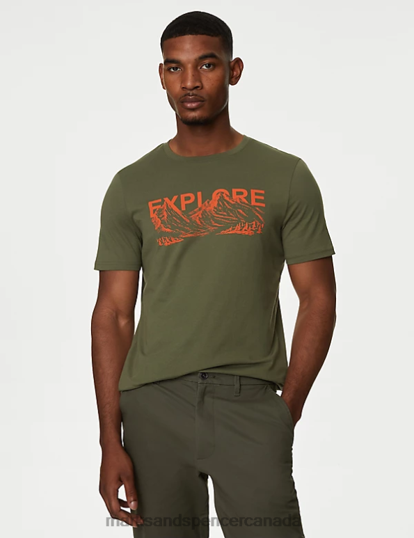 Men Medium Khaki Clothing Marks & Spencer Pure Cotton Explore Graphic T-Shirt 20VTD5090 - Marks and Spencer outlet