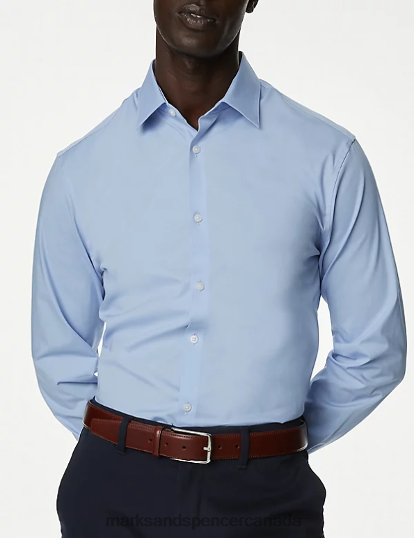 Men Mid Blue Clothing Marks & Spencer Slim Fit Cotton Rich Stretch Shirt 20VTD5982 - Marks and Spencer Canada locations