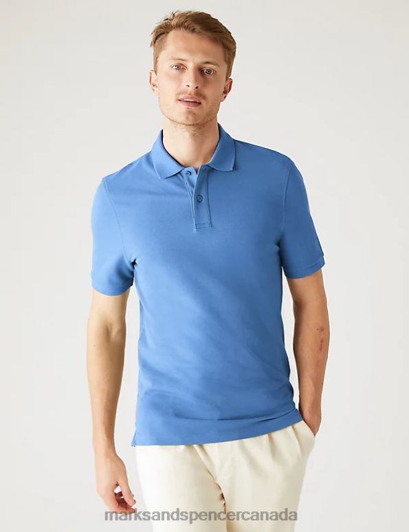 Marks and Spencer Canada - Men Mid Blue Clothing Marks & Spencer Slim Fit Pure Cotton Pique Polo Shirt 20VTD6762