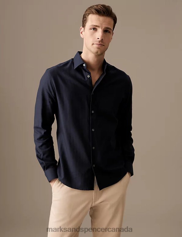 Marks and Spencer sale - Men Navy Clothing Marks & Spencer Regular Fit Pure Cotton Herringbone Shirt 20VTD6350