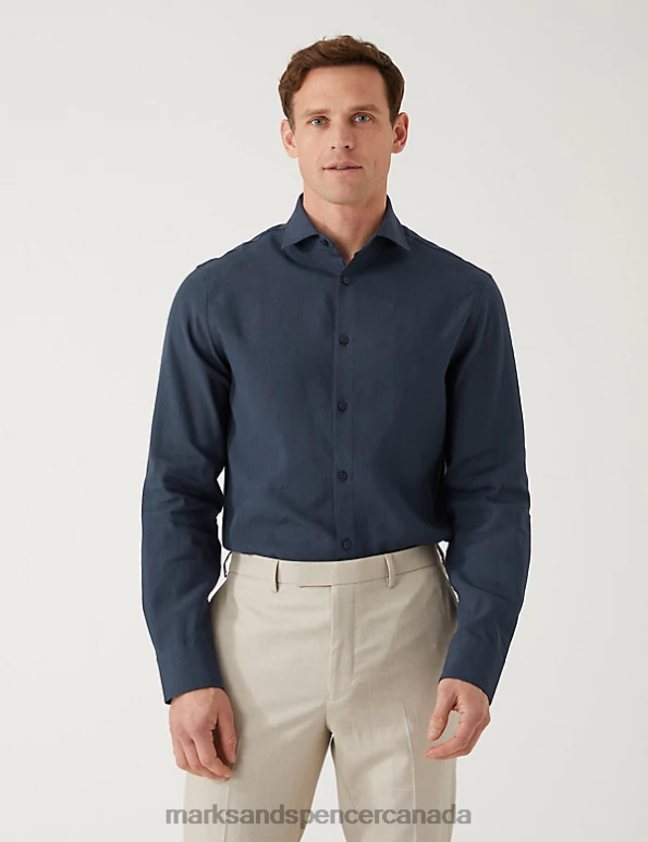 Marks and Spencer near me - Men Navy Clothing Marks & Spencer Tailored Fit Italian Linen Miracle Shirt 20VTD5842