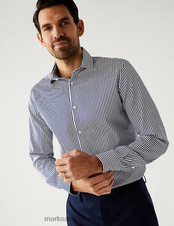 Marks and Spencer near me - Men Navy Clothing Marks & Spencer Tailored Fit Pure Cotton Striped Shirt 20VTD6839