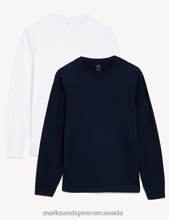 Men Navy Mix Clothing Marks & Spencer 2pk Pure Cotton Long Sleeve T-Shirts 20VTD5122 - Marks and Spencer Canada locations