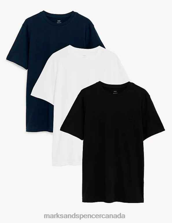 Marks and Spencer sale - Men Navy Mix Clothing Marks & Spencer 3pk Pure Cotton Crew Neck T-Shirts 20VTD4779