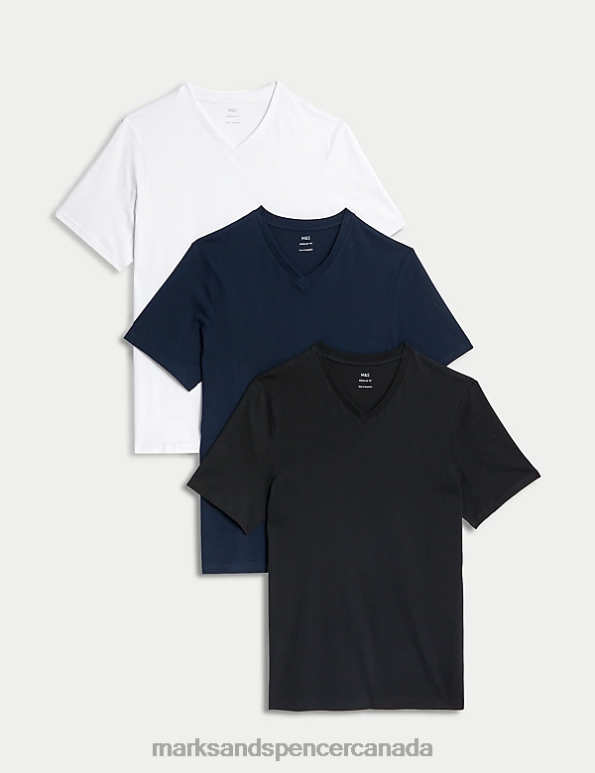 Men Navy Mix Clothing Marks & Spencer 3pk Pure Cotton V-Neck T-Shirts 20VTD4935 - Marks and Spencer online