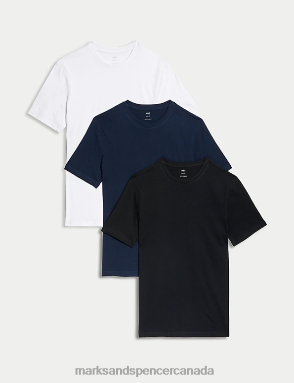 Men Navy Mix Clothing Marks & Spencer 3pk Slim Fit Pure Cotton Crew Neck T-Shirts 20VTD5108 - Marks and Spencer Canada locations