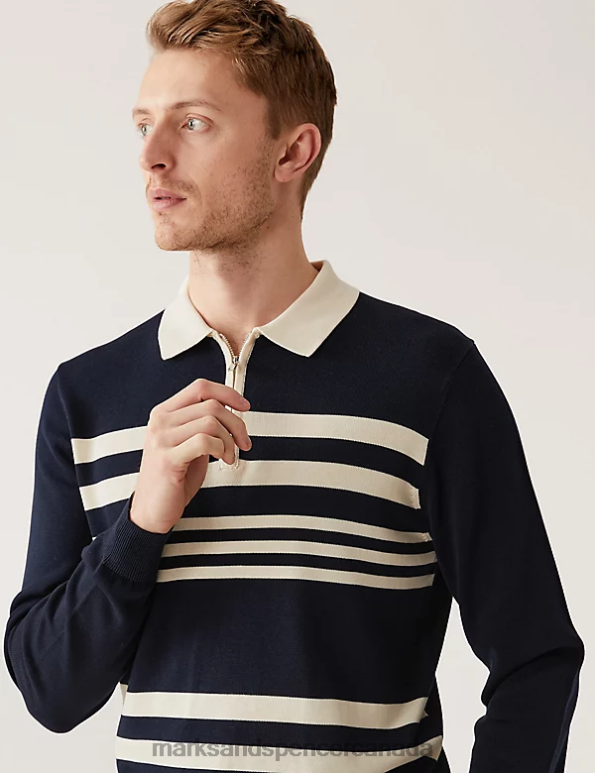 Marks and Spencer near me - Men Navy Mix Clothing Marks & Spencer Cotton Modal Striped Knitted Polo Shirt 20VTD5497