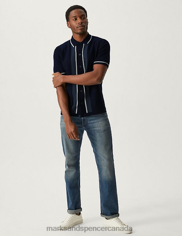 Men Navy Mix Clothing Marks & Spencer Cotton Rich Striped Knitted Polo Shirt 20VTD6534 - Marks and Spencer Canada locations