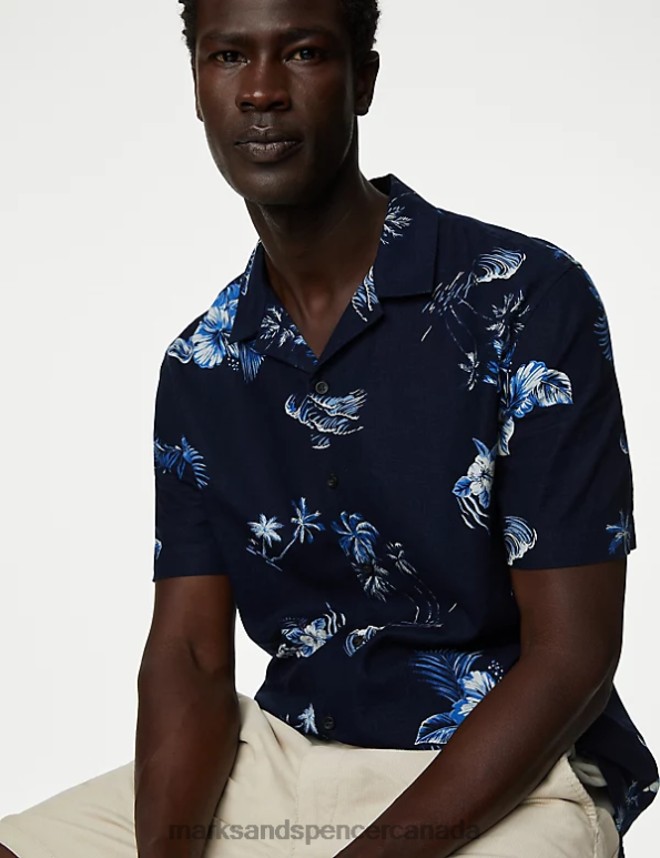 Men Navy Mix Clothing Marks & Spencer Linen Rich Hawaiian Shirt 20VTD5806 - Marks and Spencer Canada locations