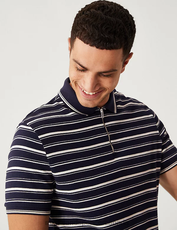 Men Navy Mix Clothing Marks & Spencer Pure Cotton Striped Half Zip Polo Shirt 20VTD5595 - Marks and Spencer online