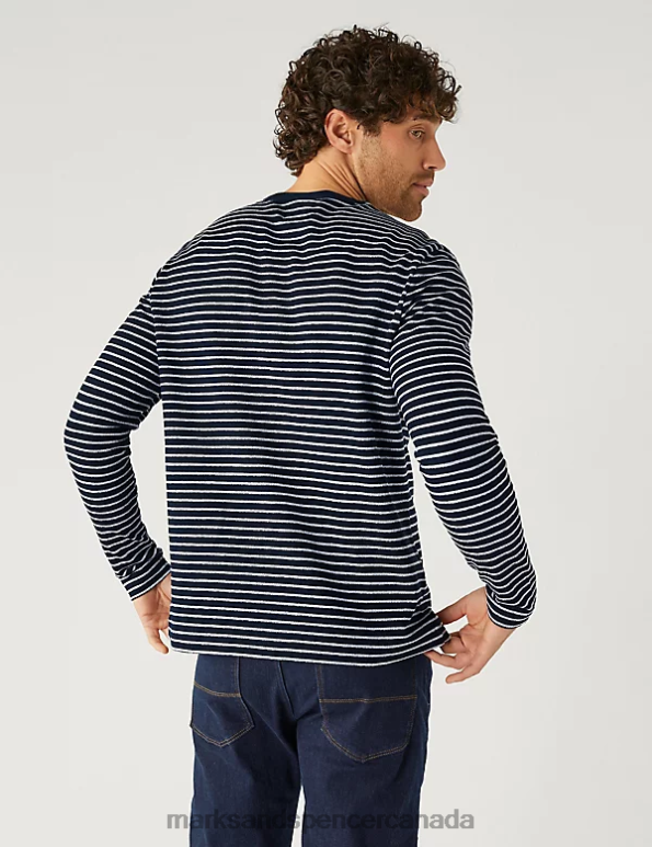 Marks and Spencer sale - Men Navy Mix Clothing Marks & Spencer Pure Cotton Striped Long Sleeve T-Shirt 20VTD4804