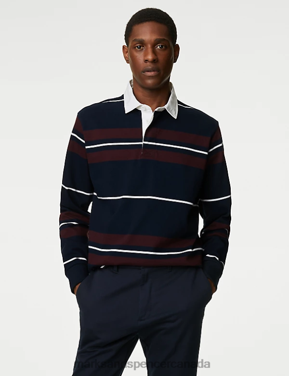 Men Navy Mix Clothing Marks & Spencer Pure Cotton Striped Rugby Shirt 20VTD5370 - Marks and Spencer online