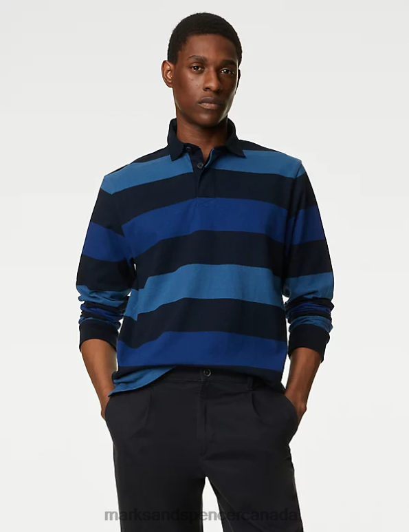 Marks and Spencer near me - Men Navy Mix Clothing Marks & Spencer Pure Cotton Striped Rugby Shirt 20VTD6499