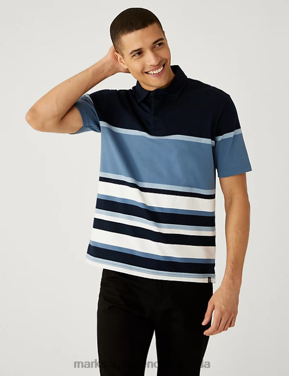 Men Navy Mix Clothing Marks & Spencer Pure Cotton Striped Rugby Shirt 20VTD6767 - Marks and Spencer online