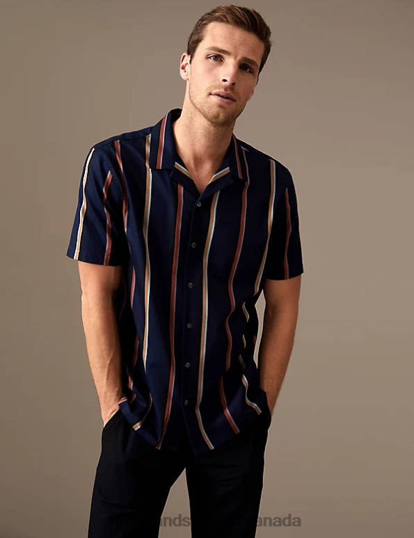 Men Navy Mix Clothing Marks & Spencer Pure Cotton Striped Shirt 20VTD5263 - Marks and Spencer Canada locations