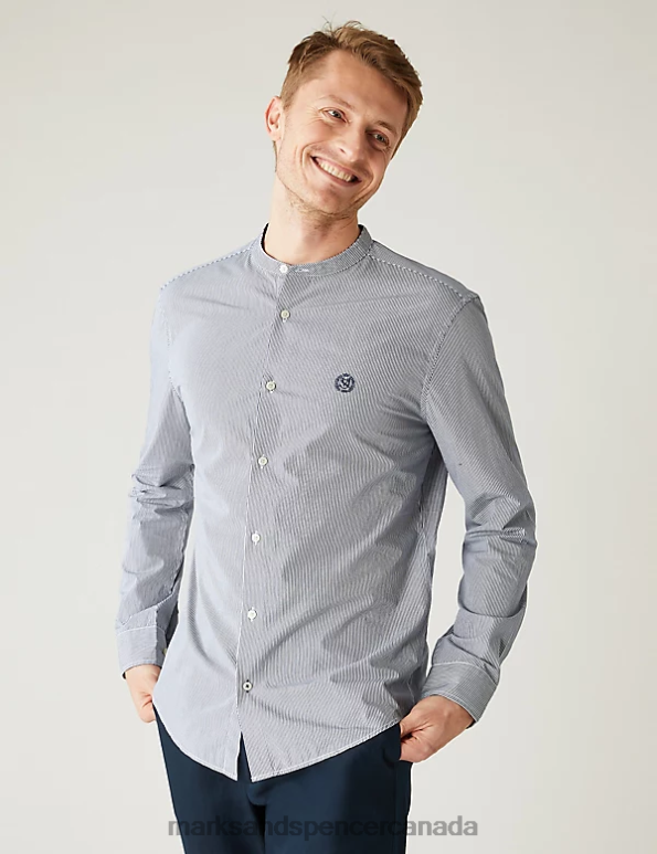 Men Navy Mix Clothing Marks & Spencer Pure Supima Cotton Grandad Collar Shirt 20VTD5279 - Marks and Spencer outlet