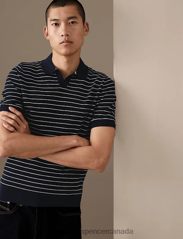 Marks and Spencer near me - Men Navy Mix Clothing Marks & Spencer Pure Supima Cotton Striped Knitted Polo Shirt 20VTD5992