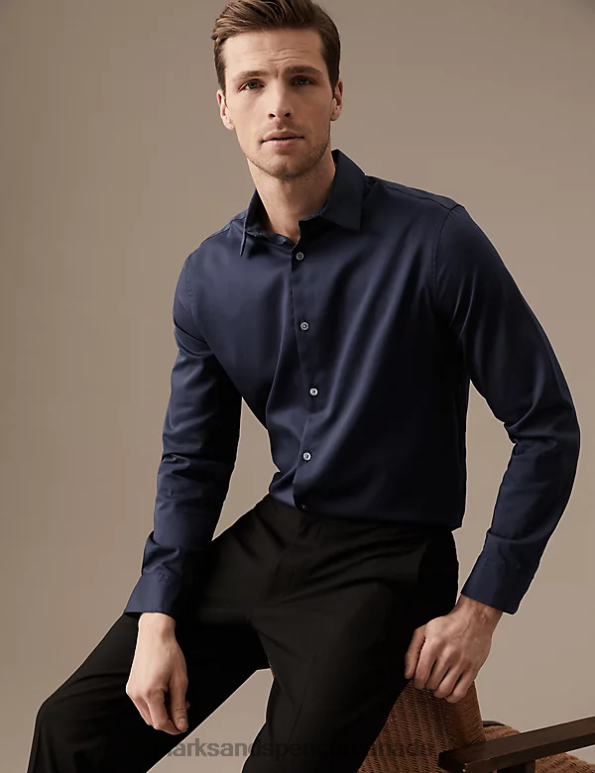 Marks and Spencer Canada - Men Navy Mix Clothing Marks & Spencer Regular Fit Silk Blend Shirt 20VTD6819