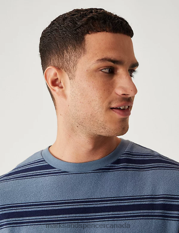 Marks and Spencer near me - Men Navy Mix Clothing Marks & Spencer Relaxed Fit Pure Cotton Striped T-Shirt 20VTD5324