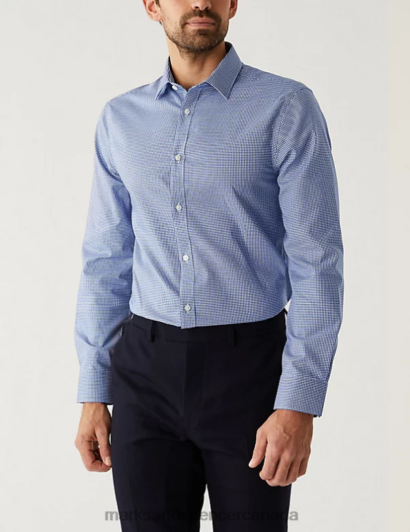 Men Navy Mix Clothing Marks & Spencer Slim Fit Non Iron Pure Cotton Shirt 20VTD6276 - Marks and Spencer Canada locations