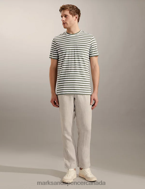 Marks and Spencer sale - Men Olive Clothing Marks & Spencer Pure Cotton Striped Crew Neck T-Shirt 20VTD6664