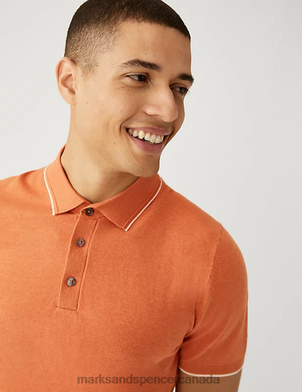 Men Orange Clothing Marks & Spencer Cotton Rich Short Sleeve Knitted Polo Shirt 20VTD6364 - Marks and Spencer outlet