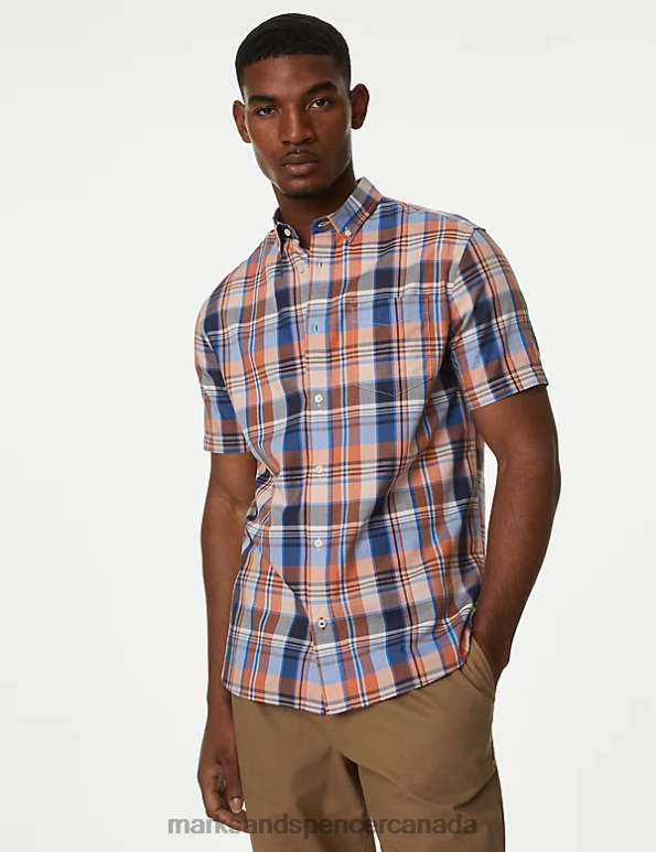 Marks and Spencer sale - Men Orange Mix Clothing Marks & Spencer Pure Cotton Check Shirt 20VTD6871