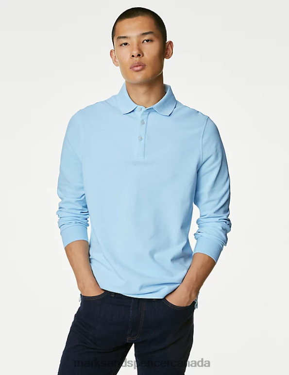 Marks and Spencer near me - Men Pale Blue Clothing Marks & Spencer Pure Cotton Long Sleeve Polo Shirt 20VTD7376